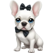 White female french bulldog with blue eyes wearing a black bow sticker