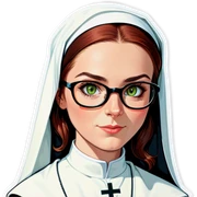 A beautiful nun with Auburn hair, green eyes wearing  glasses . Captions saying no. sticker