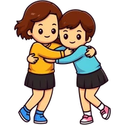 two girls hugging, one with brown hair sticker