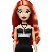 Wednesday Addams Barbie.  Small  eyes with light skin face. Earrings with matching necklaces Longer red hair. black flowing strapless tight evening gown neckline that’s off-the-shoulders shows her legs and black high heel shoes. sticker