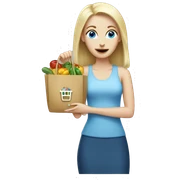white woman, blue eyes, buying shopping sticker