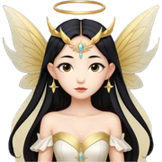Asian fairy portrait with long black hair and pointy ears, no horns, no halo, no head accessories, big fairy wings, white and gold off shoulder dress sticker