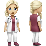 Nurse with platinum blonde hair, wearing hair into a ponytail, blue eyes, burgundy tunic, white pants, pink shoes sticker