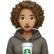 Light skin girl with gray hoodie, brown, curly hair, brown eyes with Starbucks sticker