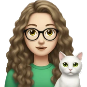 long haired brunette white girl with freckles and round glasses holding a white cat with green eyes sticker