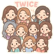 Twice members as chibi characters, cute, playful, pastel colors sticker