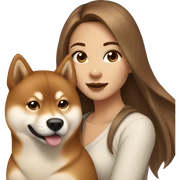 beautiful woman, straight long light brown hair, brown eyes with dog Shiba Inu sticker