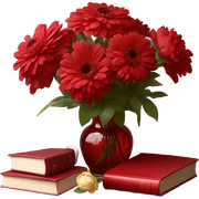 Aesthetic red vintage style book and a bouquet of red daisies and light red peonies in a red glass vase  sticker