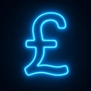Pound sign (£) emoji, neon-blue style, electric-blue glow, smooth lines, techy aesthetic, dark background. sticker