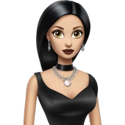 Really Hot Mortcia Addams Barbie. Slinky silk well-fitted, backless black dress. very pale complexion. simple jewelry. Bedroom eyeshadow. Dark straight hair. sticker