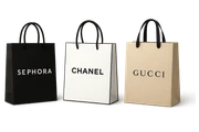 three shopping bags, each with a different luxury store logo: Sephora, Chanel, Gucci, elegant and upscale look sticker
