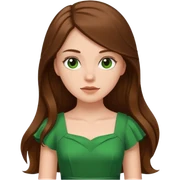 A white girl with very long brown hair with a green dress sticker