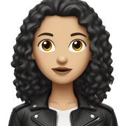 White girl, with long curly black hair, wearing leather jacket sticker