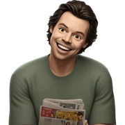 smiling boy with newspaper sticker