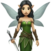 Female forest fairy, wings, pointed elf ears, long dark hair, light skin, vines, holding medieval sword sticker