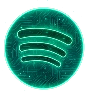 Transform the Spotify logo into a cyberpunk, holographic style with glowing neon green edges and intricate circuit patterns throughout the entire icon. Maintain the recognizable green circle and black sound waves, overlaying neon and circuit effects in a futuristic, clean cyberpunk style with consistent glow and detailed circuits. The background should be transparent to highlight the neon and holographic effects. sticker