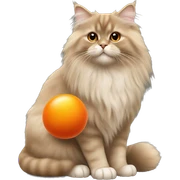 British longhair cat fawn color playing with an orange ball sticker