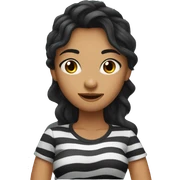 woman with long wavy black hair wearing black stripy t-shirt, and black eyes sticker