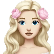White bride with long light blonde hair and blue eyes with light pink peonies in hair white skin light pink lips sticker