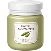 Pale olive body moisturizer cream pot with label sticker