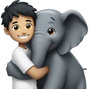 Boy with white skin and black hair hugs an smiling elefant sticker