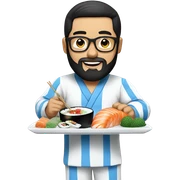 Guy wih beard and black straight hair and glasses , with a white pijama with blue stripes eating sushi  sticker