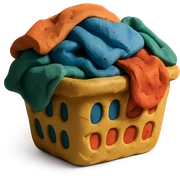 laundry basket filled with colorful clothes, visible fingerprints, soft lighting, claymation style sticker