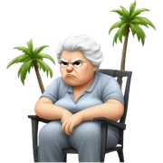 An angry old looking , short fat white lady with grey  hair , sitting outside next to palm trees , on a grey small plastic chair, smoking a cigarette  sticker