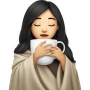 Asian girl inside a blanket sipping coffee eyes closed black hair sticker