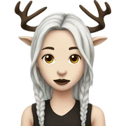 Portrait. Goth, deer girl. She has deer ears and antlers. Long brown dreadlocks. White skin sticker