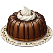 Bundt cake with chocolate sauce and whipped cream and chocolate sprinkles on a white and brown floral plate sticker