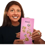 smiling girl holding jewelry sticker