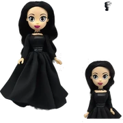 Wednesday Addams Barbie themed Scion Fr-s.  Small very light skin face. Earrings with matching necklaces. Long silky raven hair. black flowing strapless tight evening gown neckline that’s off-the-shoulders shows her legs and black high heel  sticker