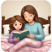 A thin white pretty mom with light brown eyes with lashes and brown long beach waves hair while reading a novel to her 10 years old daughter in pjs in her daughter's bed sticker