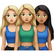 Three women, one with light skin with dark blonde long hair with green eyes, light skin black long hair with brown eyes and light skin long blonde hair with blue eyes wearing crop tops sticker