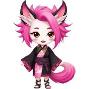 Full body female, succubus kitsune, neon pink eyes, vibrant pink hair, alabaster skin, fluffy black tails, pink tail tips, spiked choker, unique heritage, seductive charm, rebellious spirit, traditional kimonos, spiked anklets, and Barefoot 
 sticker