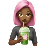 Pretty girl holding glass cup of iced matcha with pink straw  sticker