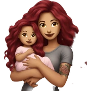 Beautiful tattooed burgundy long haired woman holding a baby sticker