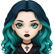 goth bratz baddie, beautiful blue-green eyes, long wavy hair, black gothic hair styled, black goth clothes sticker