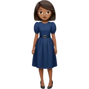 Menina pele parda, sorridente com dente cabelo  castanho escuro  liso médio curto, roupa modesta, vestido azul marinho longo manga bufante pequeno,  salto preto mão na cintura  sticker