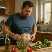 hyper realistic 4K image of a man preparing a healthy meal, showing frustration about stubborn belly fat, kitchen details, everyday atmosphere sticker