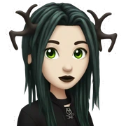 gothic girl, pale skin, green eyes, hairstyle as a black dreadlocks, bangs, black clothes, eyeliner, antlers  sticker