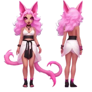 Full body female, succubus kitsune, neon pink eyes, vibrant pink hair, alabaster skin, fluffy black tails, pink tail tips, spiked choker, unique heritage, seductive charm, rebellious spirit, traditional kimonos, spiked anklets, and Barefoot 
 sticker