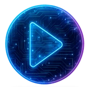 Transform the media player icon into a cyberpunk, holographic style with glowing neon blue and pink edges, circuit patterns throughout the entire icon, and a transparent background. Maintain the recognizable circular shape and play button, overlaying neon and circuit effects in a consistent futuristic, clean cyberpunk glow with intricate circuit details. sticker