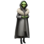 a Reptilian alien woman, in gray dress, in fur coat, full body sticker