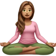 A girl with brown long hair, fair skin and green eyes is meditating in a relaxed lotus position in a comfortable pink top and pink leggings sticker