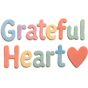 Cute hand-drawn font "Grateful Heart" in soft pastel rainbow soft puffy lettering, no outline, transparent background sticker