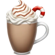 beige hot chocolate with marshmallows and whipped cream and candy cane sticker