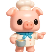 A Funko Pop-style pig chef pointing to the right, wearing a blue scarf and holding a cooking pot, cartoonish and cute. sticker