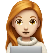ginger girl with long hair and blue eyes in turtle neck white sweater working on a laptop sticker